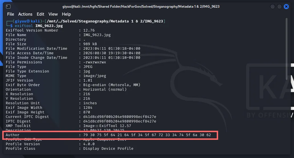 Output of ExifTool command